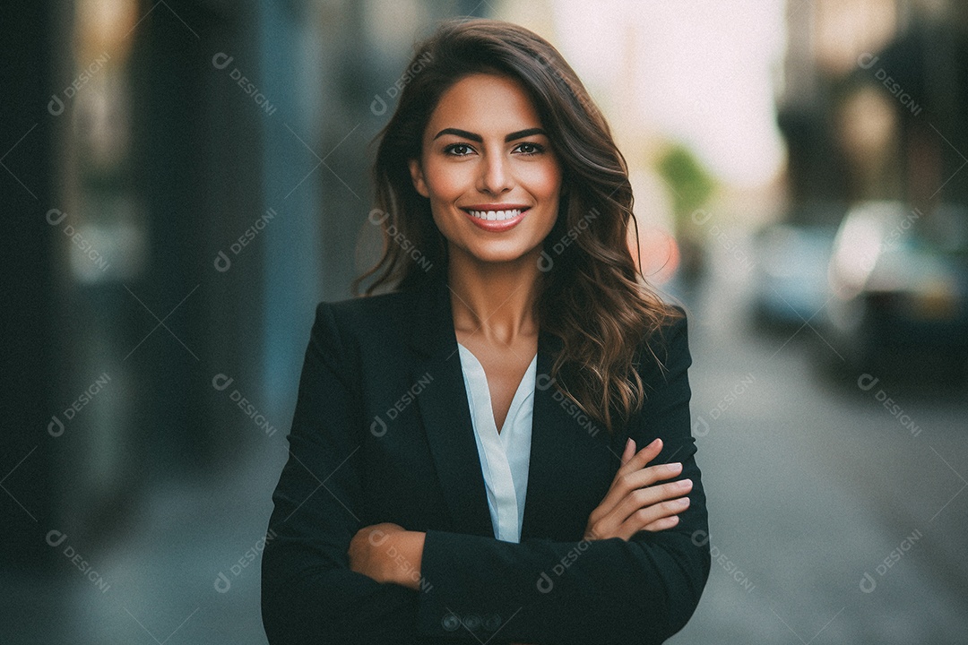 Mulher que está sorrindo e cruzando os braços