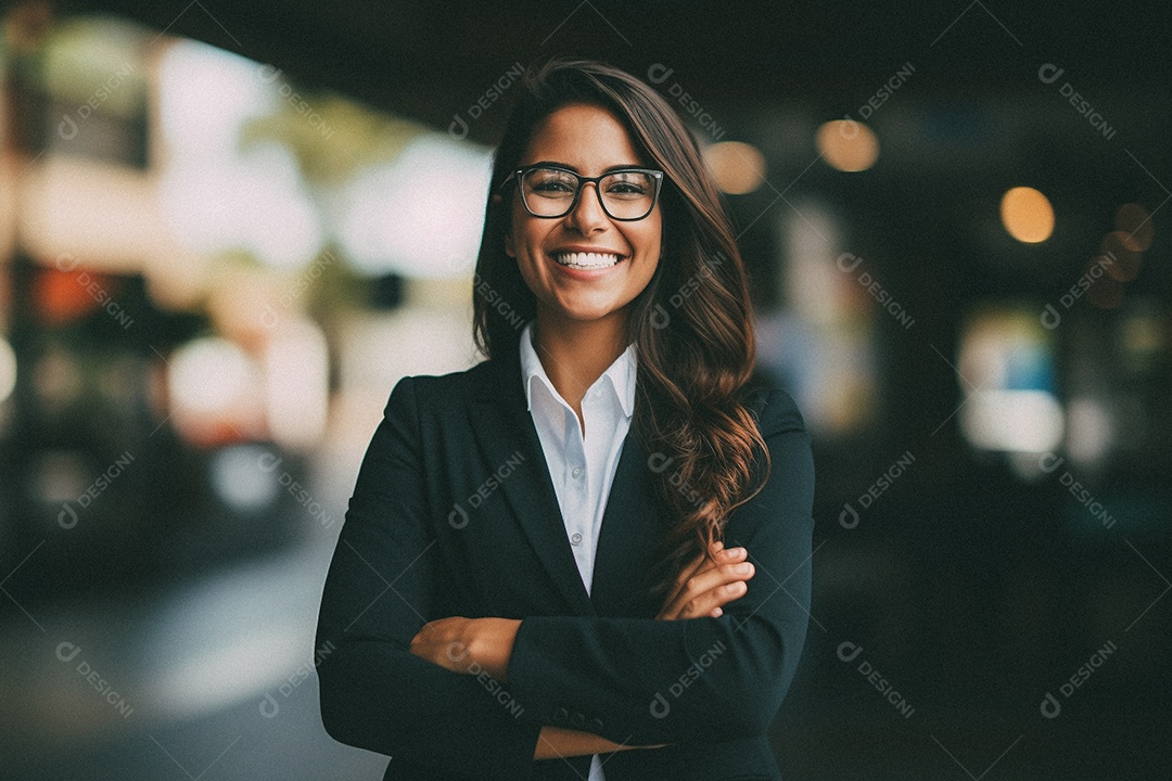 Mulher que está sorrindo e cruzando os braços
