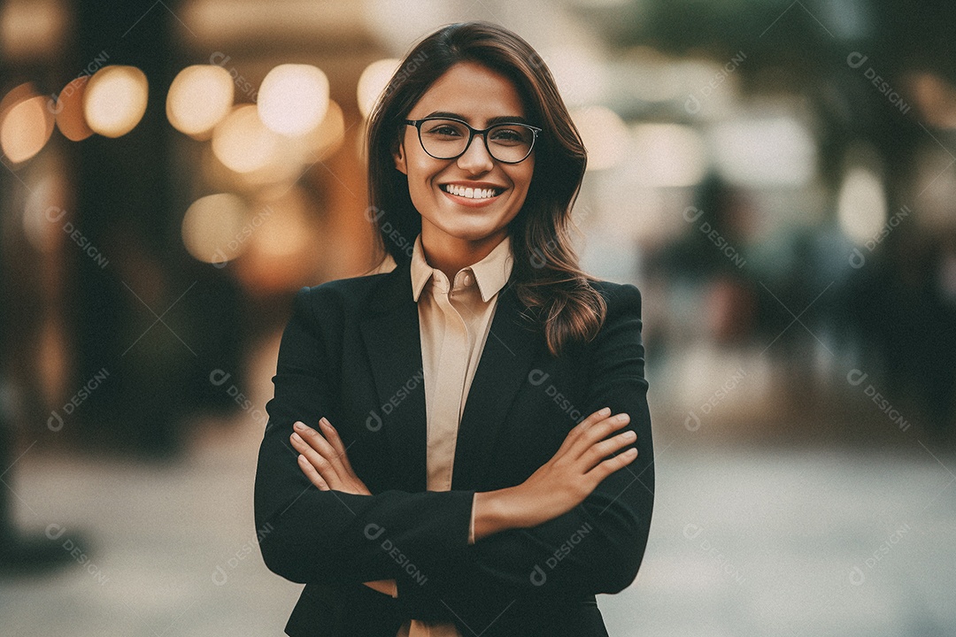 Mulher que está sorrindo e cruzando os braços