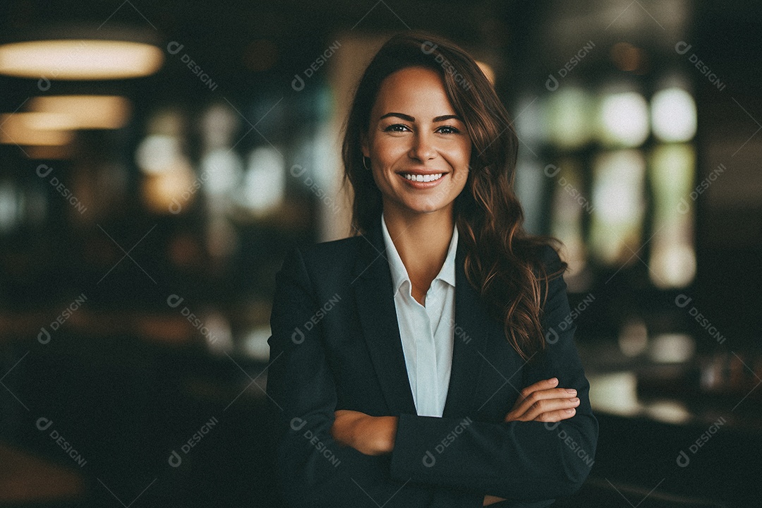 Mulher que está sorrindo e cruzando os braços