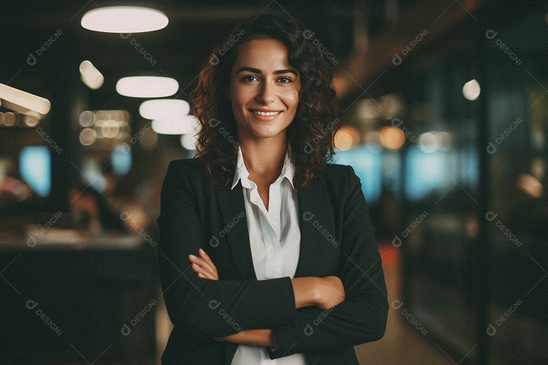 Mulher que está sorrindo e cruzando os braços