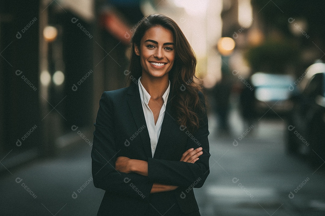 Mulher que está sorrindo e cruzando os braços