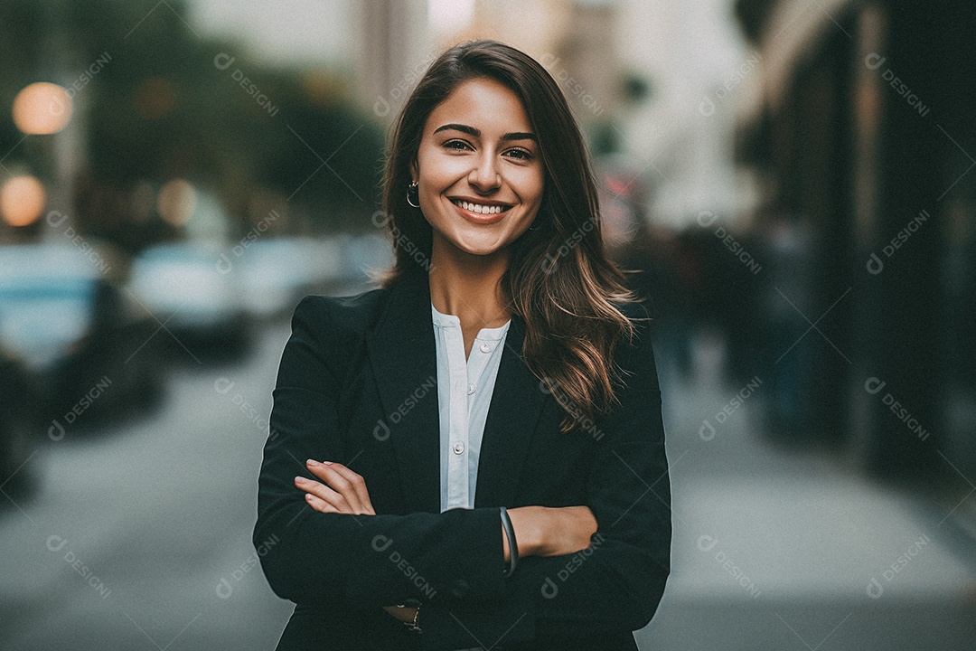 Mulher que está sorrindo e cruzando os braços