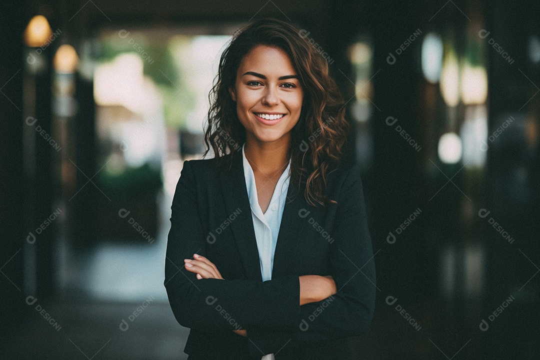 Mulher que está sorrindo e cruzando os braços