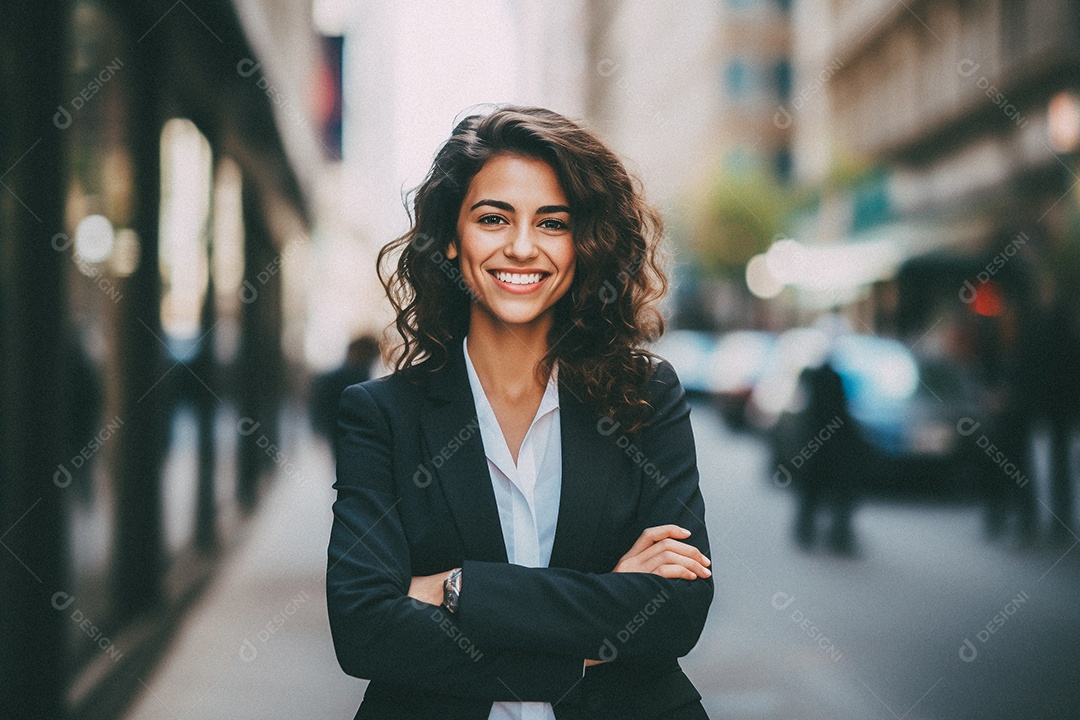 Mulher que está sorrindo e cruzando os braços