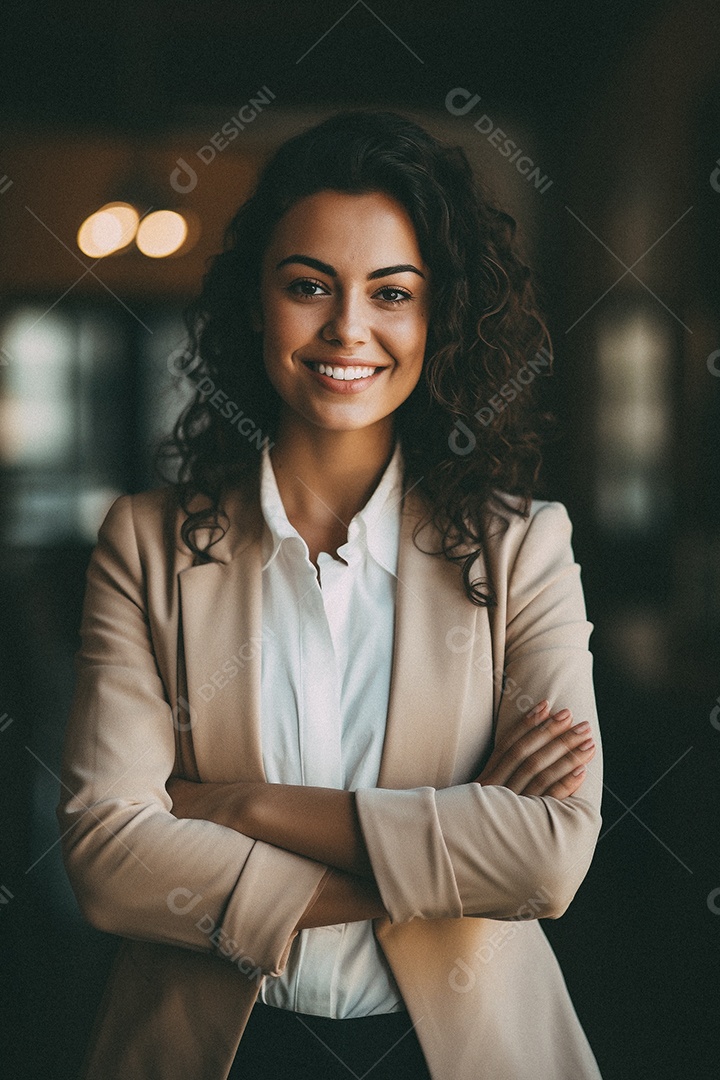 Mulher que está sorrindo e cruzando os braços