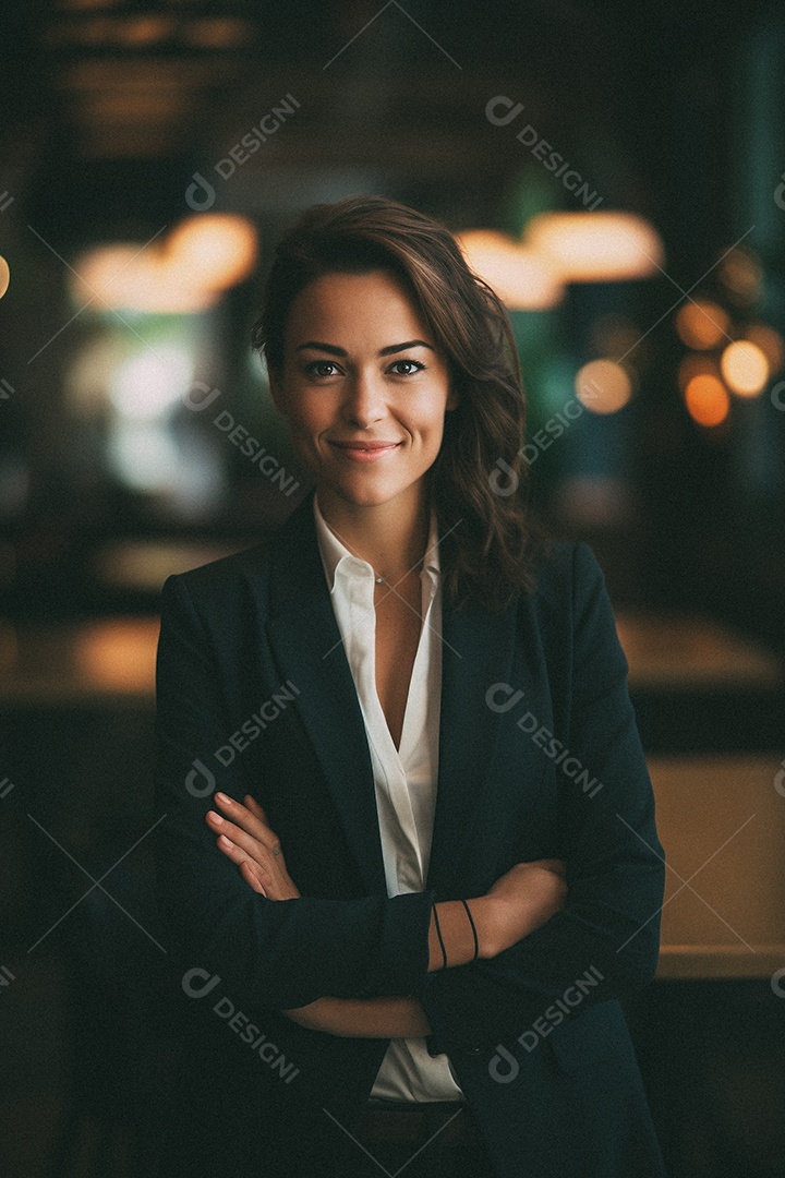 Mulher que está sorrindo e cruzando os braços