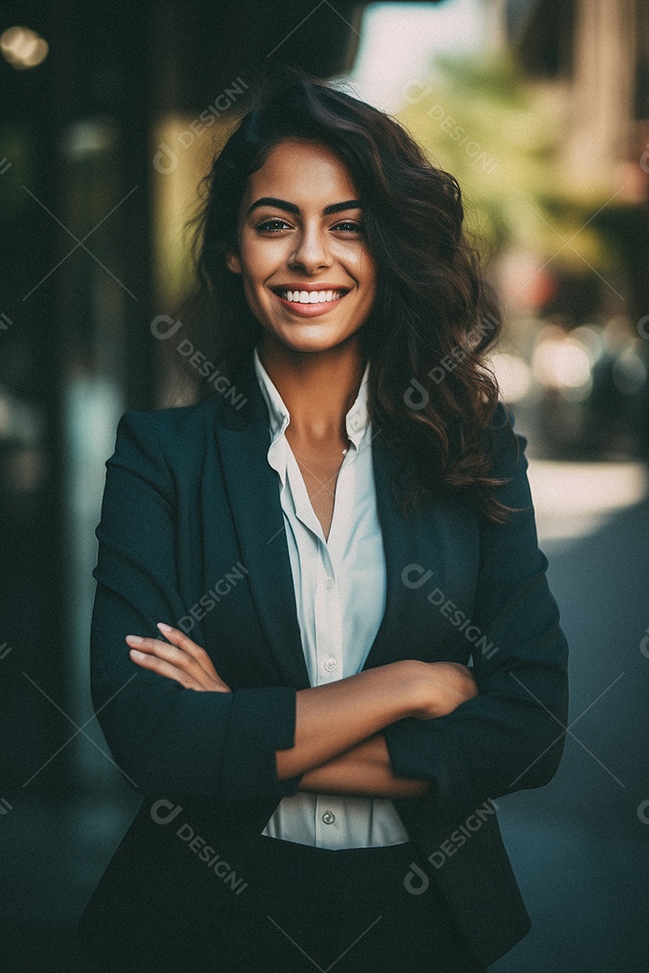 Mulher que está sorrindo e cruzando os braços
