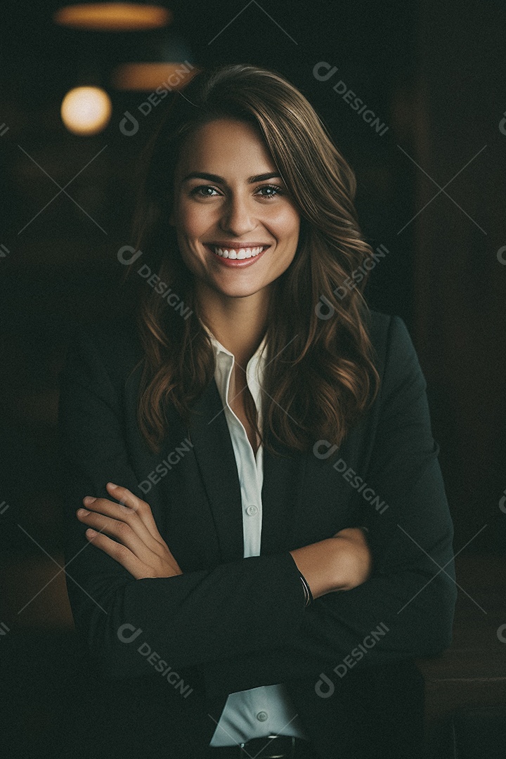 Mulher que está sorrindo e cruzando os braços