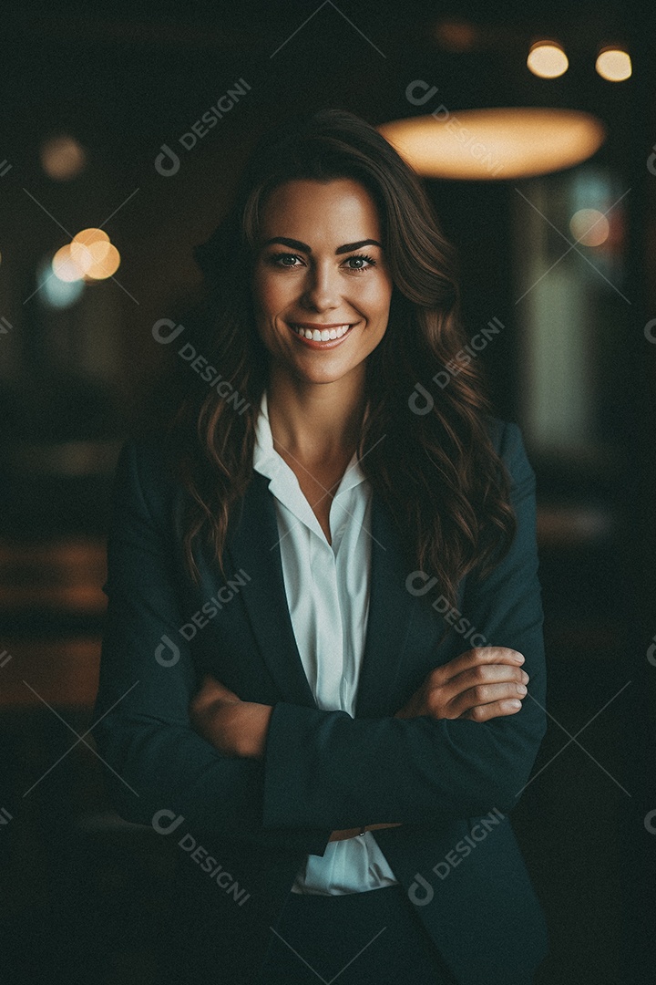 Mulher que está sorrindo e cruzando os braços