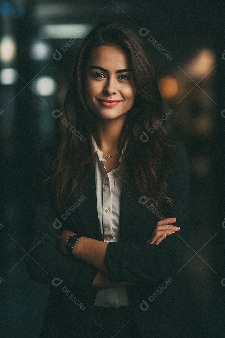 Mulher que está sorrindo e cruzando os braços