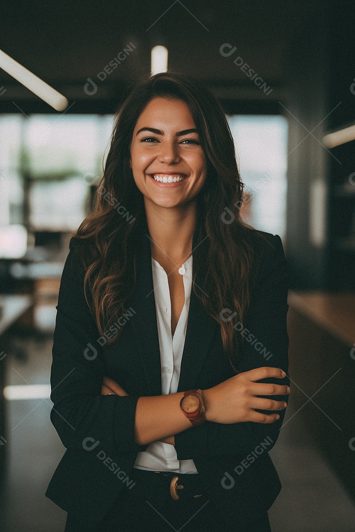 Mulher que está sorrindo e cruzando os braços