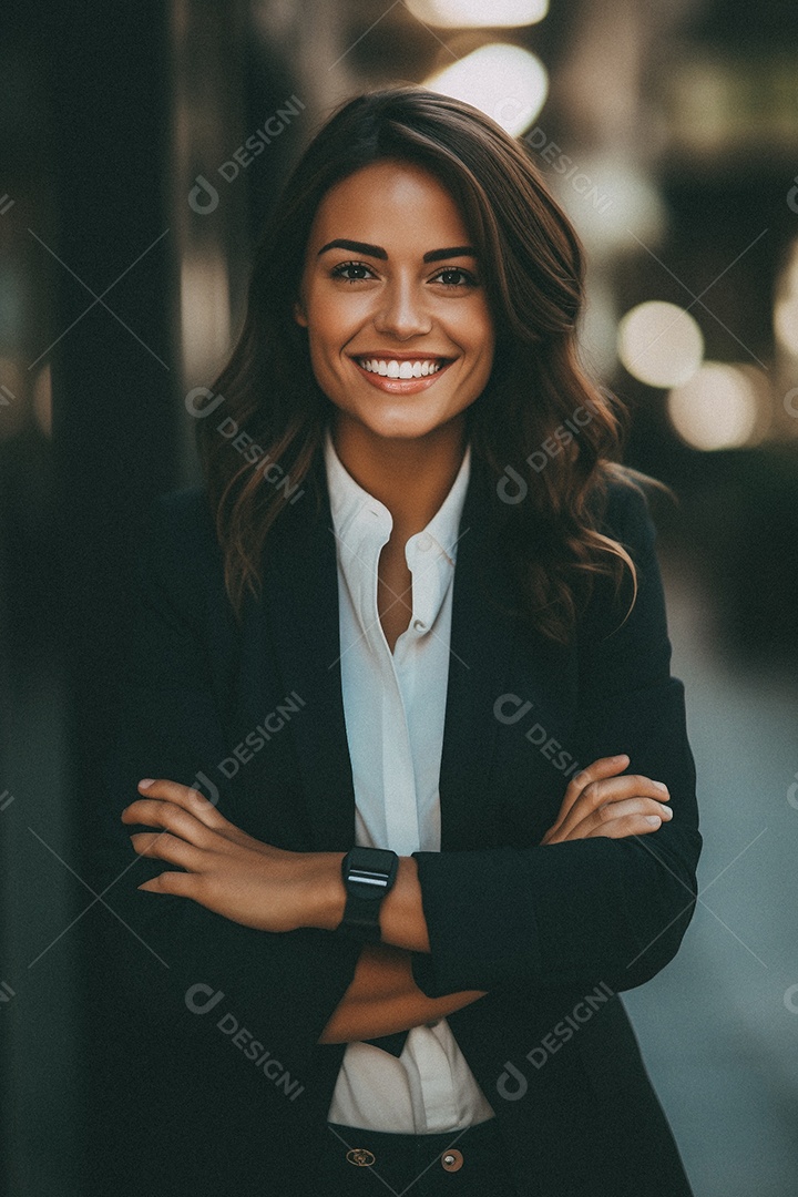 Mulher que está sorrindo e cruzando os braços