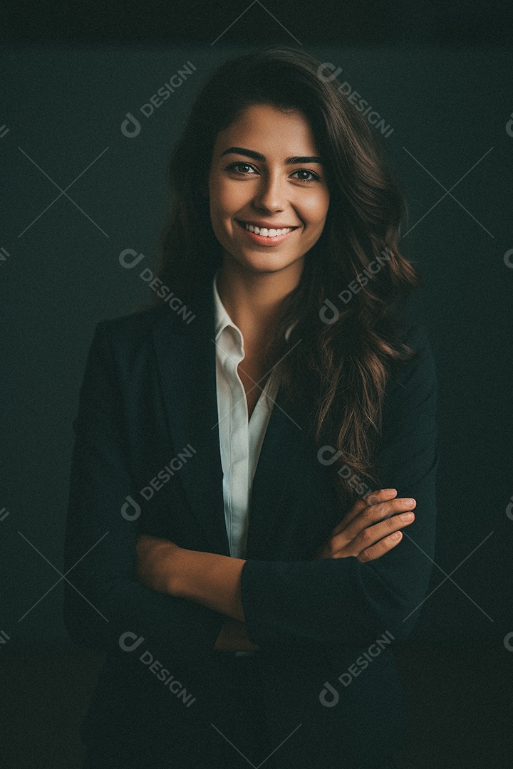 Mulher que está sorrindo e cruzando os braços