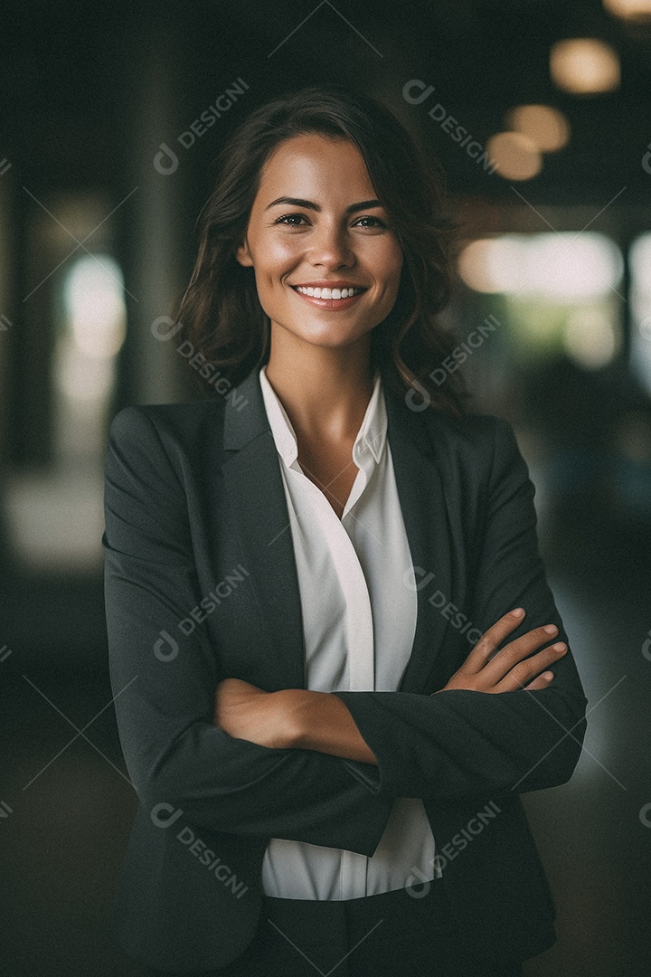 Mulher que está sorrindo e cruzando os braços