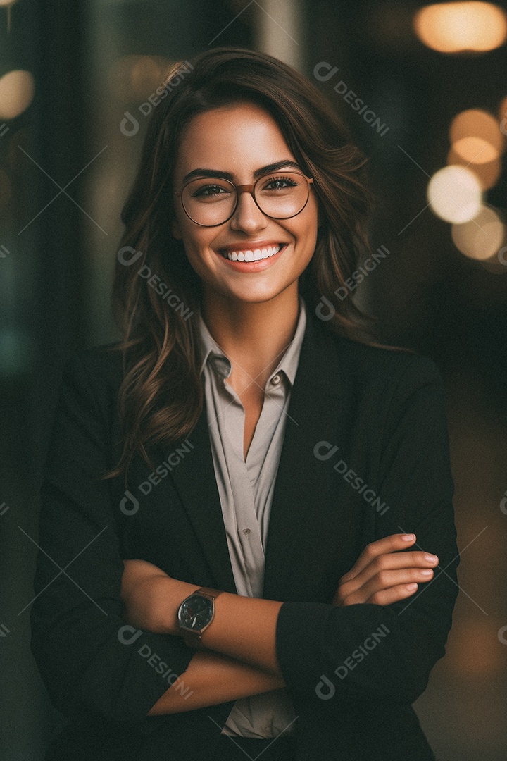 Mulher que está sorrindo e cruzando os braços