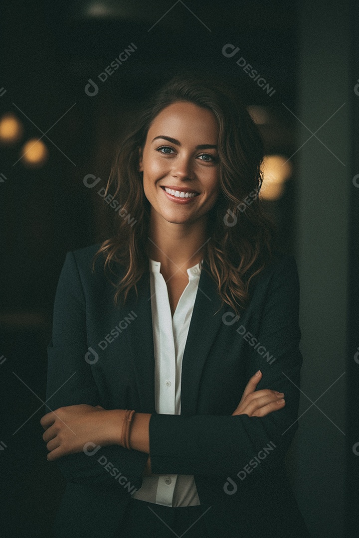 Mulher que está sorrindo e cruzando os braços