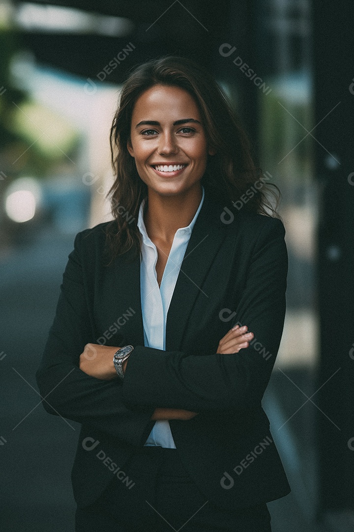 Mulher que está sorrindo e cruzando os braços