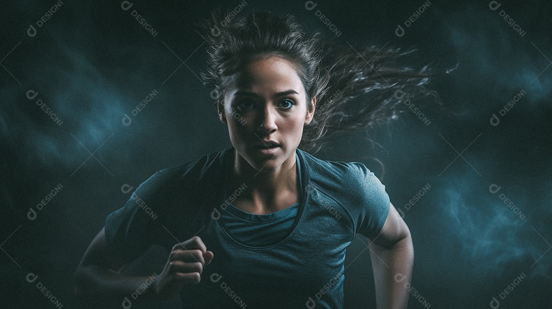 Mulher jovem estrela do esporte correndo em um fundo escuro