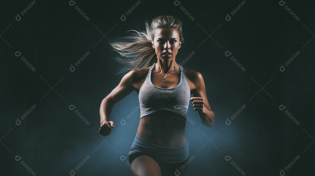 Mulher jovem estrela do esporte correndo em um fundo escuro