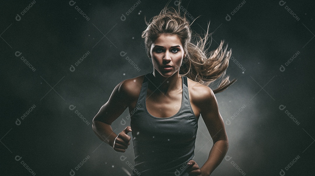 Mulher jovem estrela do esporte correndo em um fundo escuro