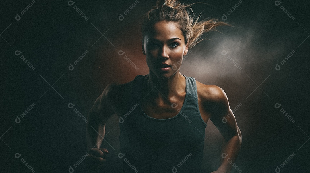 Mulher jovem estrela do esporte correndo em um fundo escuro