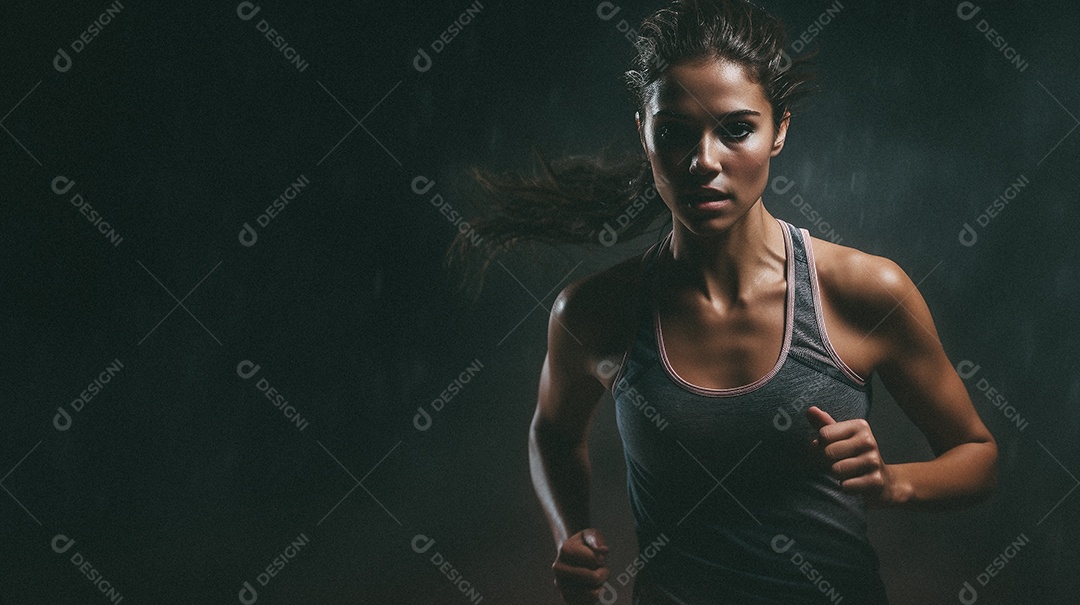 Mulher jovem estrela do esporte correndo em um fundo escuro