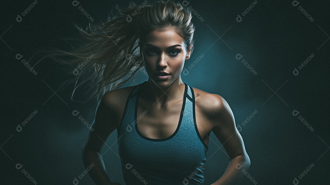 Mulher jovem estrela do esporte correndo em um fundo escuro