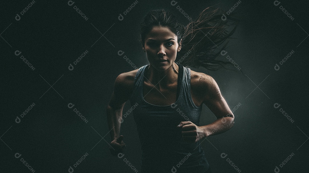 Mulher jovem estrela do esporte correndo em um fundo escuro