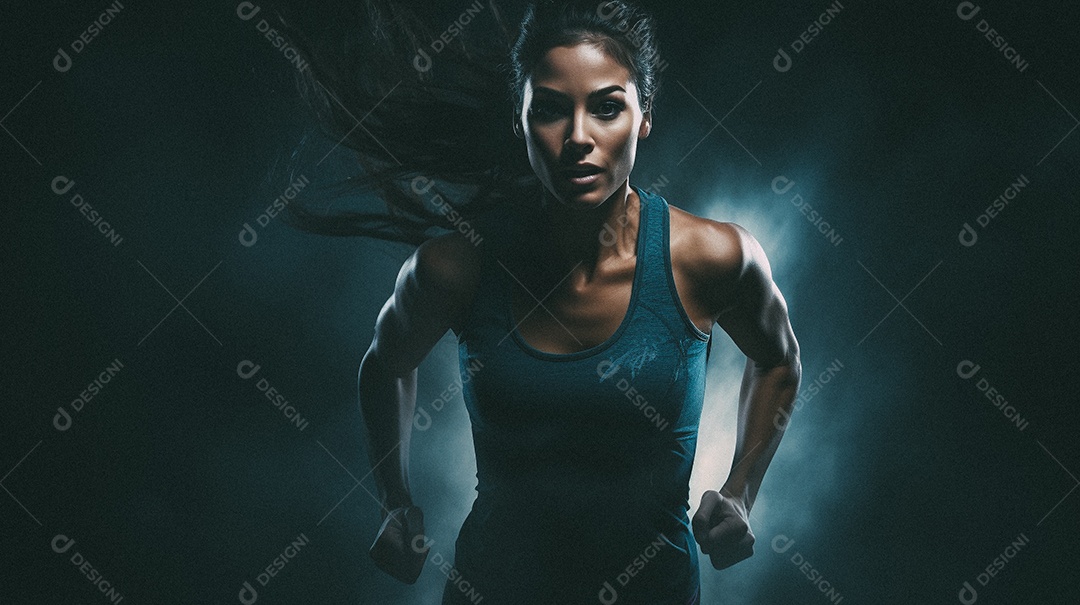 Mulher jovem estrela do esporte correndo em um fundo escuro