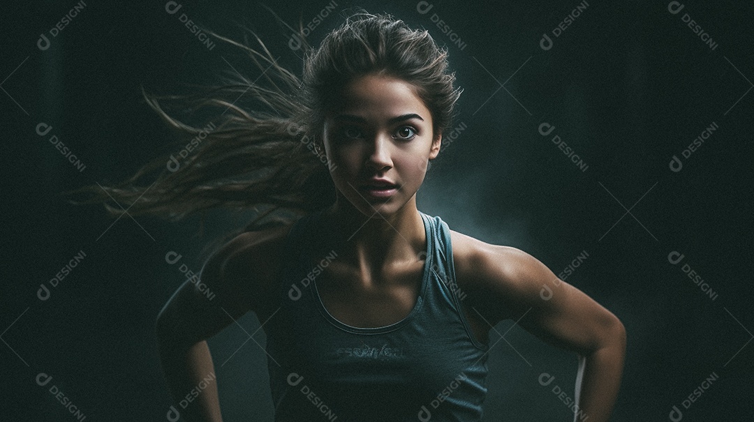 Mulher jovem estrela do esporte correndo em um fundo escuro