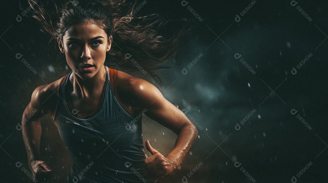 Mulher jovem estrela do esporte correndo em um fundo escuro