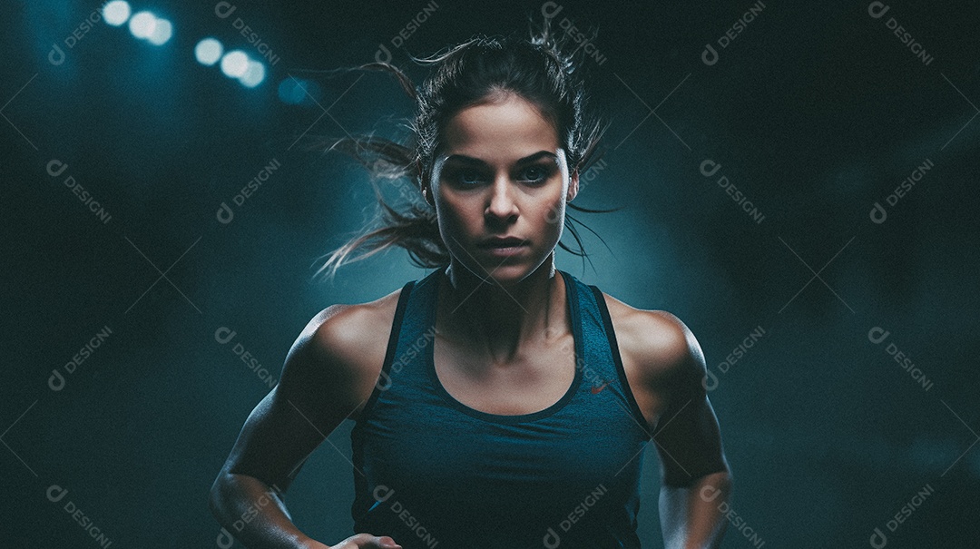 Mulher jovem estrela do esporte correndo em um fundo escuro