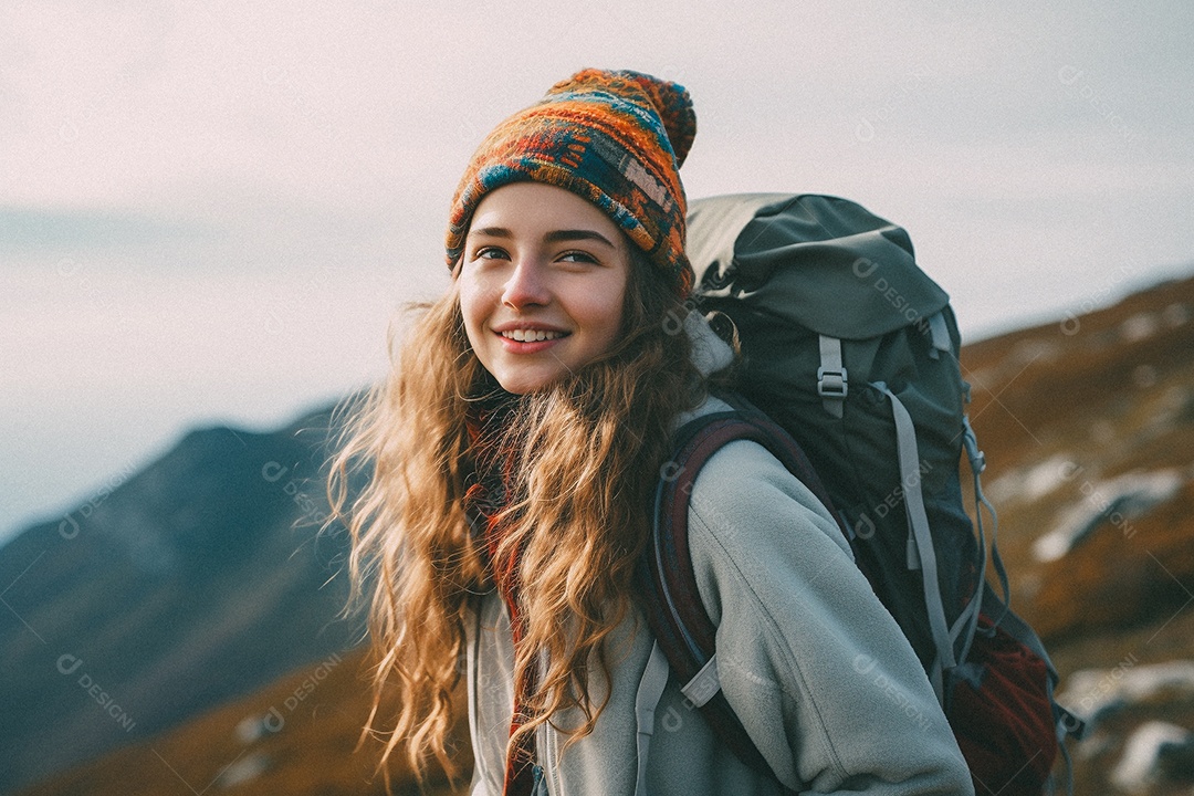 Jovem andando no topo da montanha com mochila sorrindo para a câmera