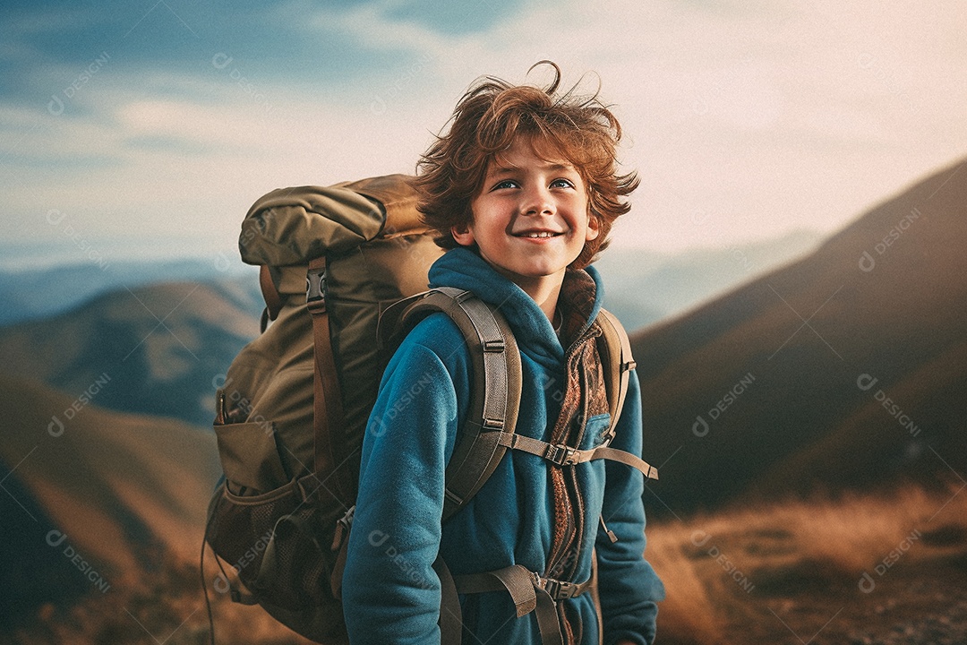 Jovem andando no topo da montanha com mochila sorrindo para a câmera