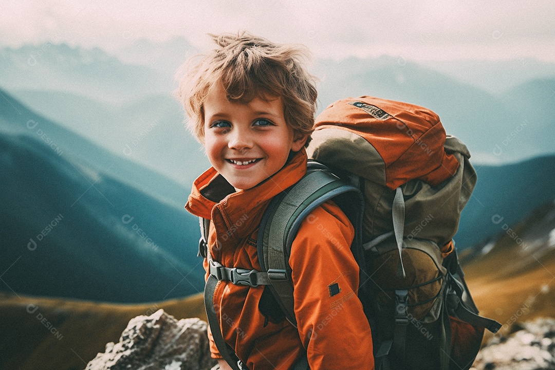 Menino andando no topo da montanha com mochila sorrindo para a câmera
