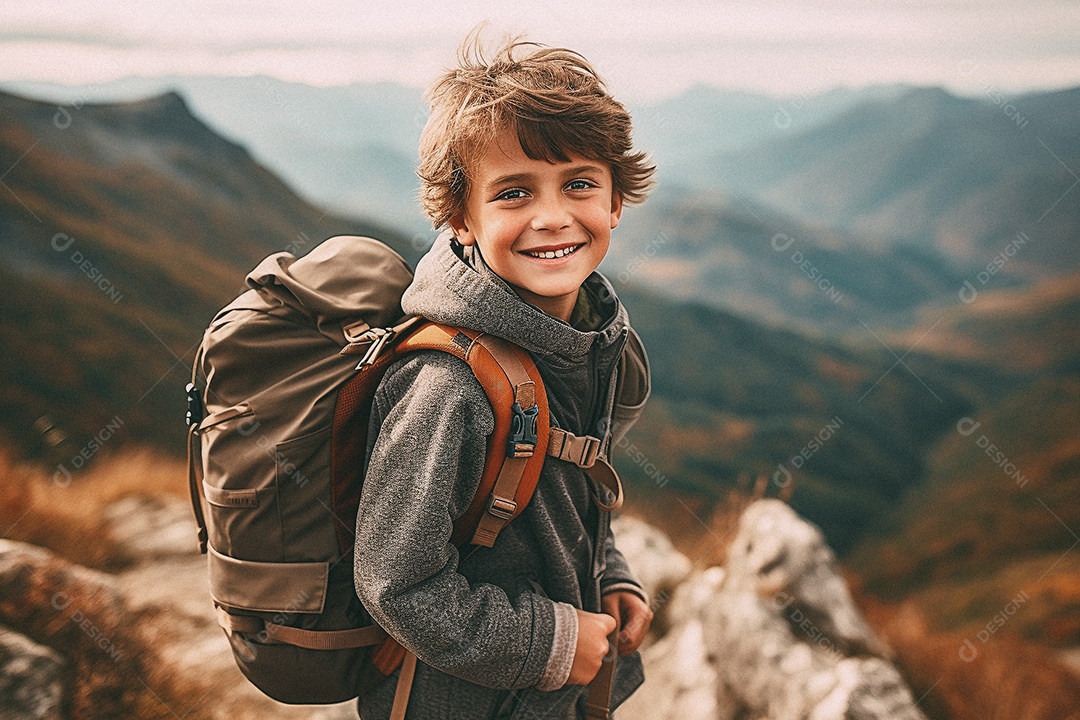Menino andando no topo da montanha com mochila sorrindo para a câmera