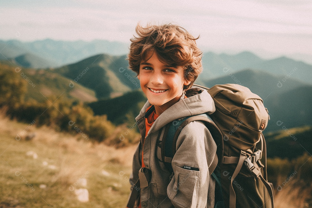 Menino andando no topo da montanha com mochila sorrindo para a câmera