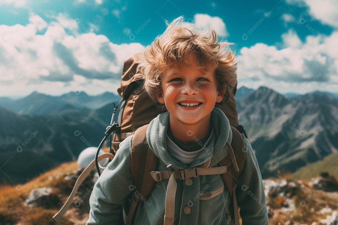 Menino andando no topo da montanha com mochila sorrindo para a câmera