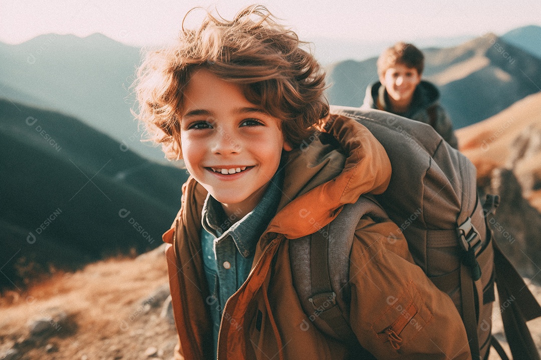 Menino andando no topo da montanha com mochila sorrindo para a câmera