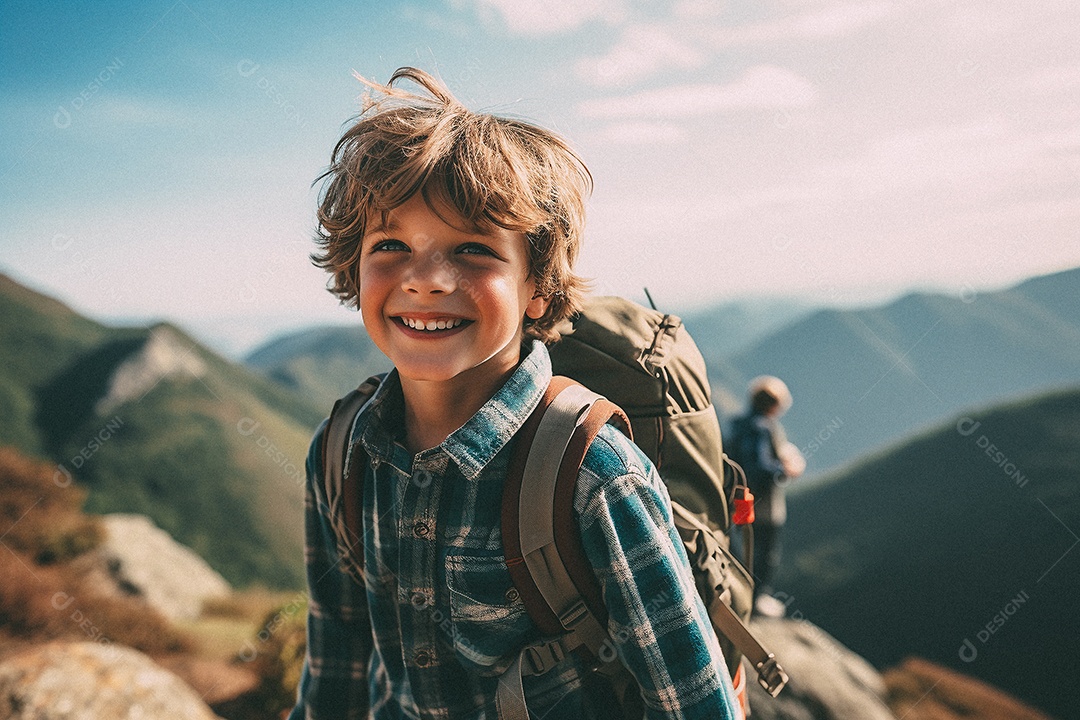 Menino andando no topo da montanha com mochila sorrindo para a câmera