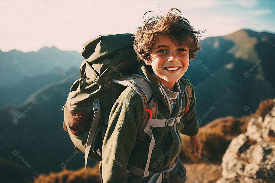 Menino andando no topo da montanha com mochila sorrindo para a câmera
