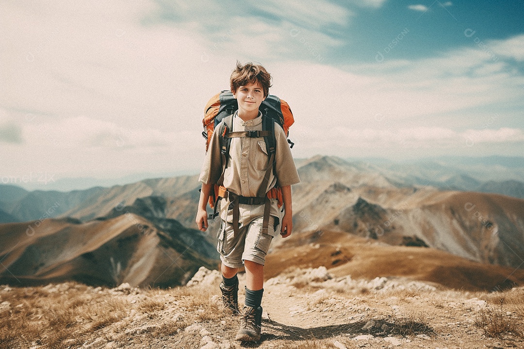 Menino andando no topo da montanha com mochila sorrindo para a câmera
