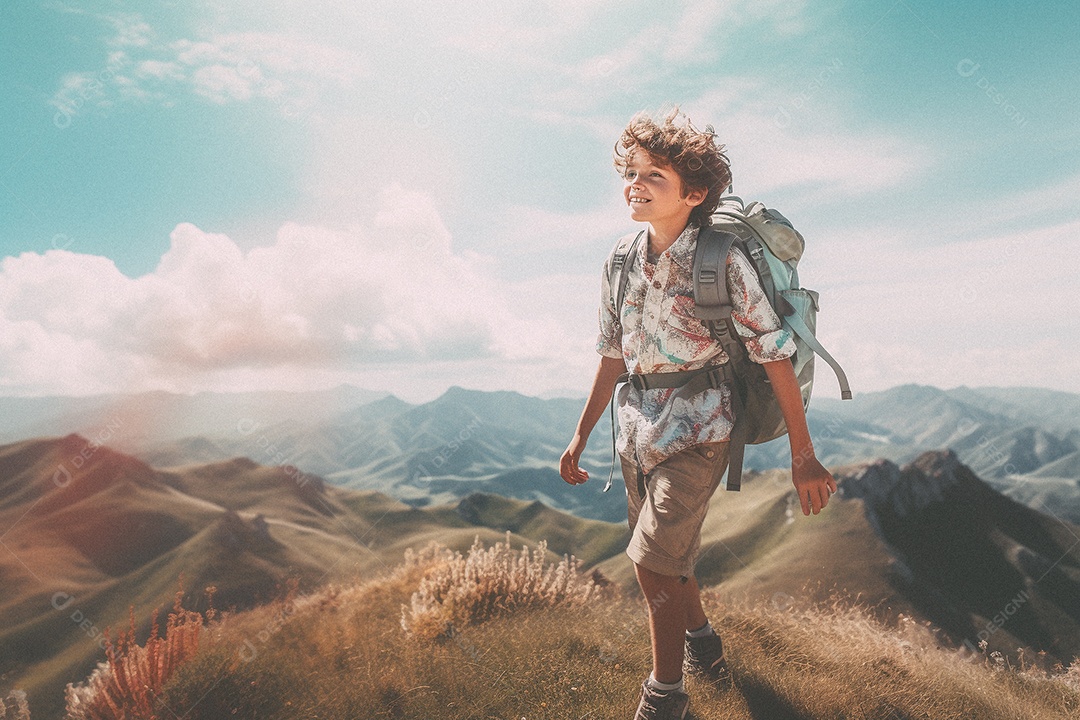 Menino andando no topo da montanha com mochila sorrindo para a câmera