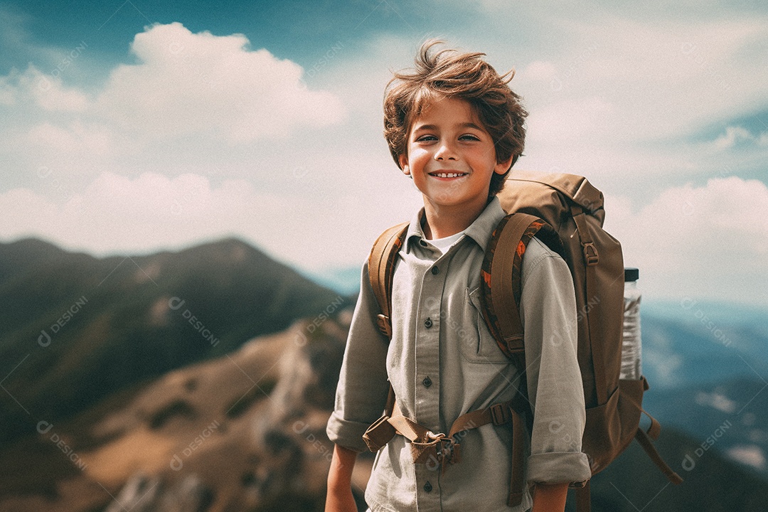 Menino andando no topo da montanha com mochila sorrindo para a câmera