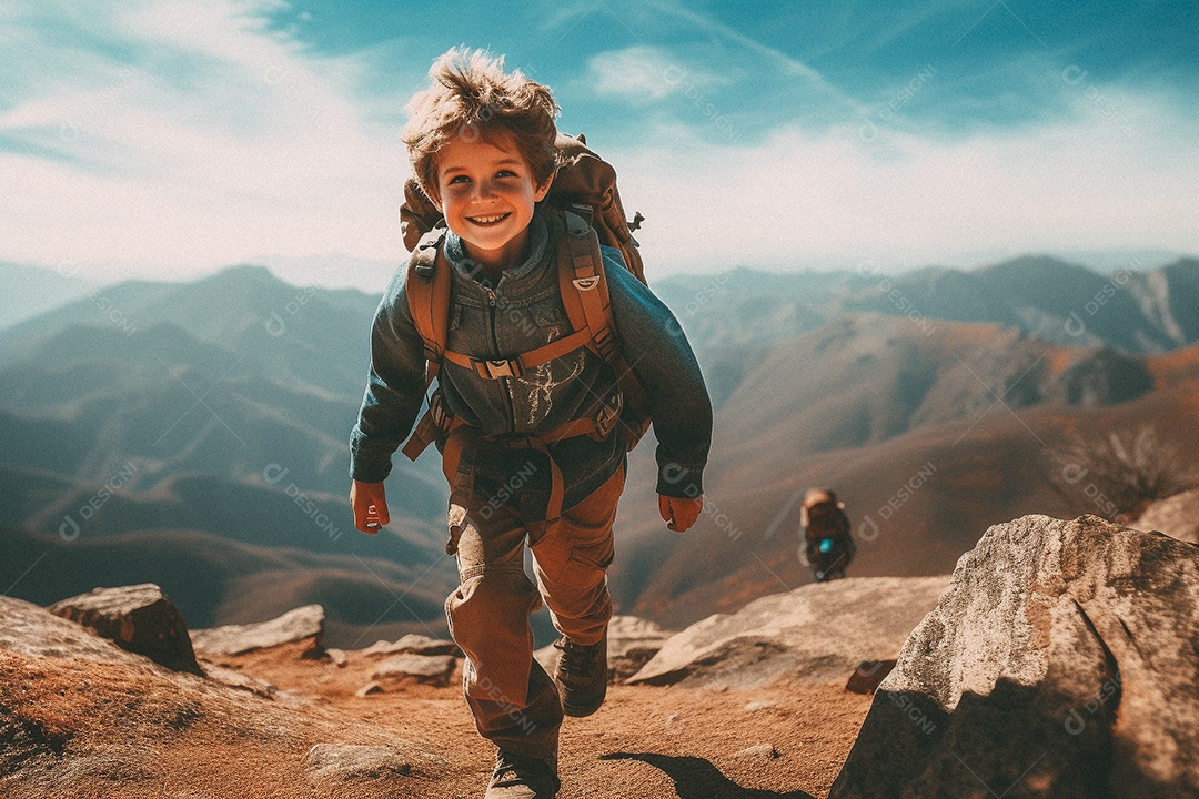 Menino andando no topo da montanha com mochila sorrindo para a câmera