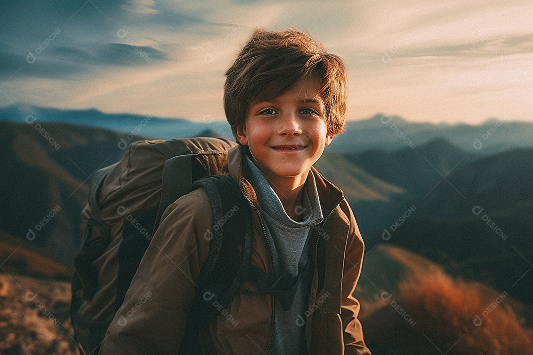 Menino andando no topo da montanha com mochila sorrindo para a câmera