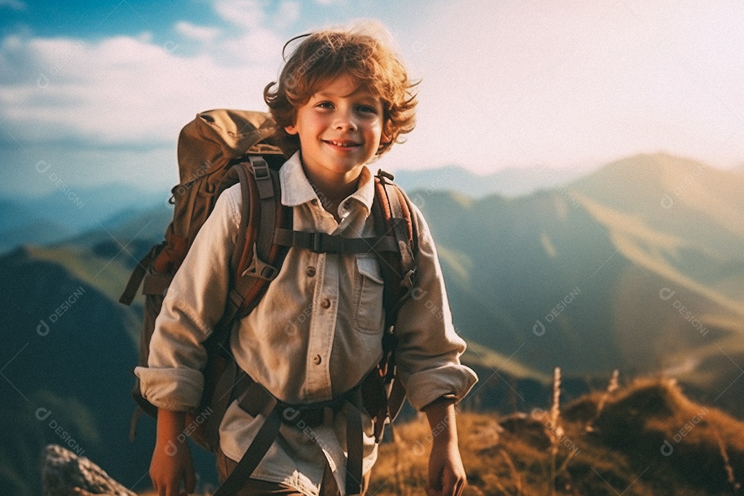 Menino andando no topo da montanha com mochila sorrindo para a câmera