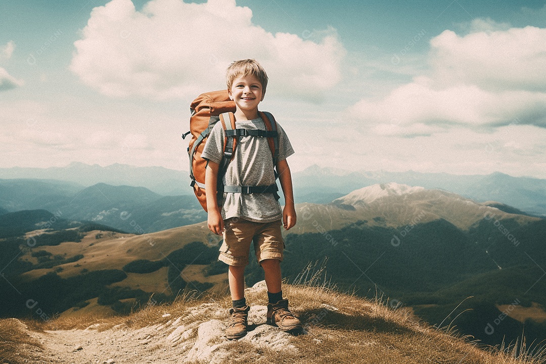 Menino andando no topo da montanha com mochila sorrindo para a câmera