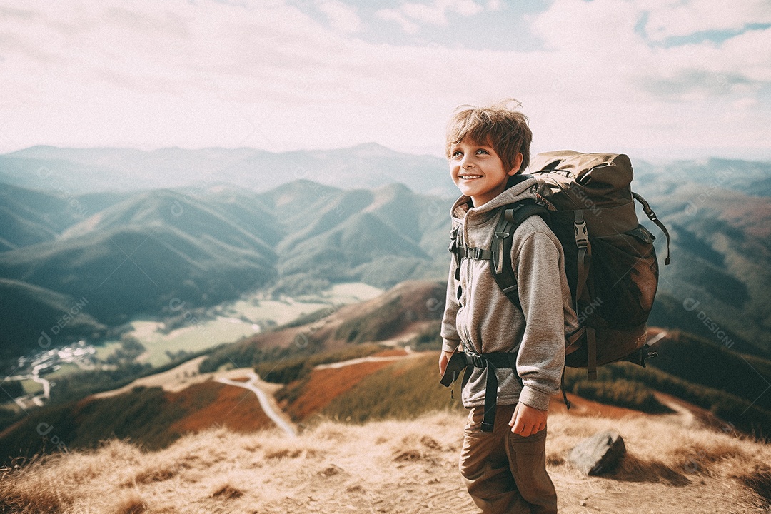 Menino andando no topo da montanha com mochila sorrindo para a câmera